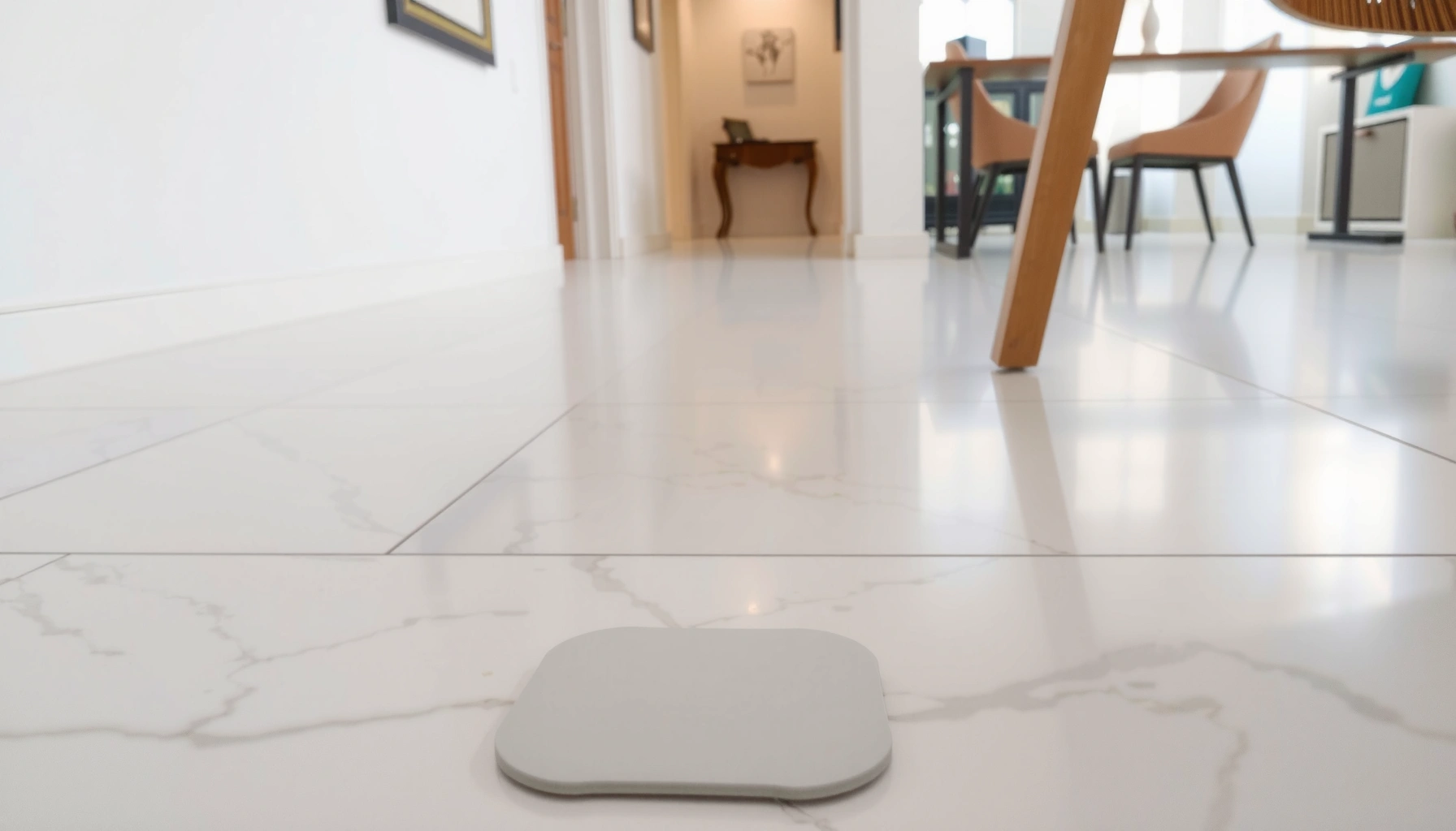 A clean marble floor with care tips for protection and maintenance.