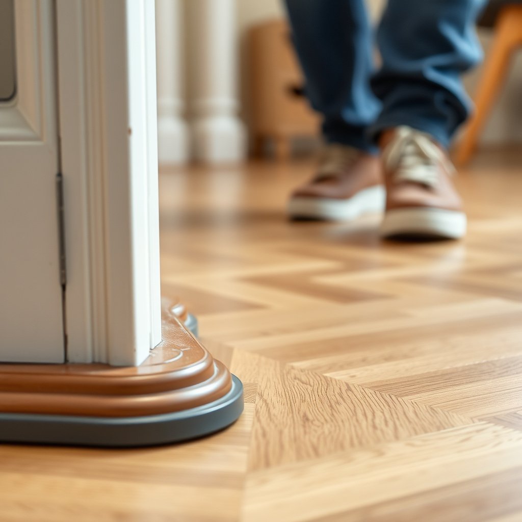 A close-up of a parquet floor showing protective measures to prevent slipping and maintain finish.