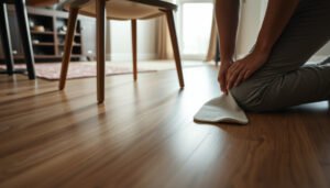 A dining room with vinyl flooring, showcasing tips for protection and maintenance.