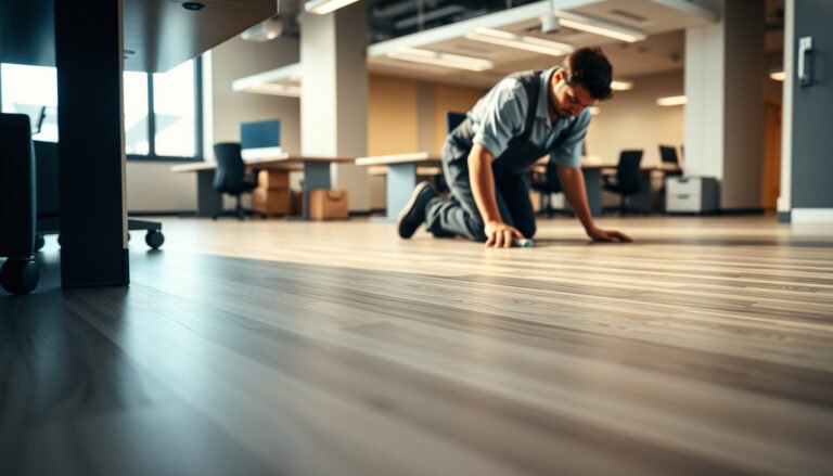 Best practices for protecting vinyl floors in a commercial office setting.