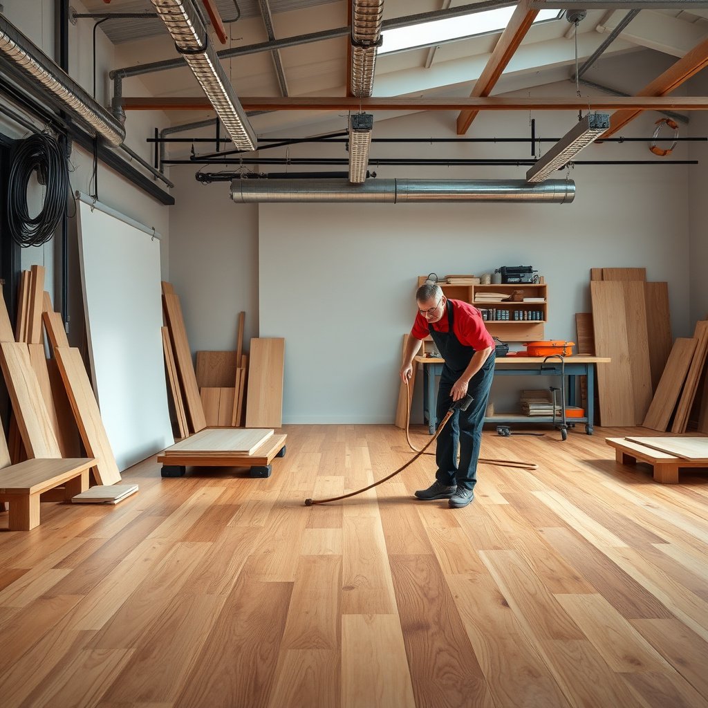 Image showing a protective barrier set up in a workshop to prevent hardwood floor damage.