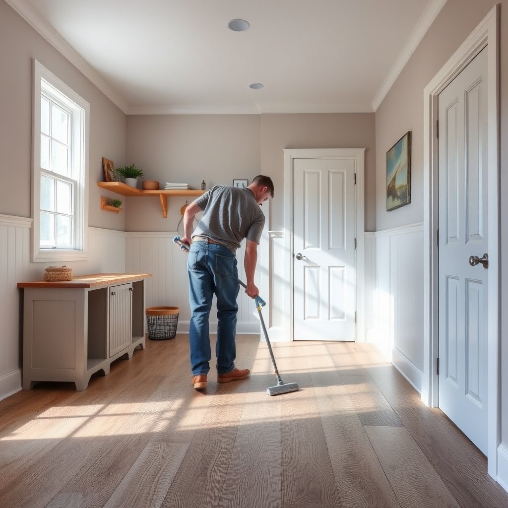 A person cleaning laminate mudroom floors using a quick method without soaking.