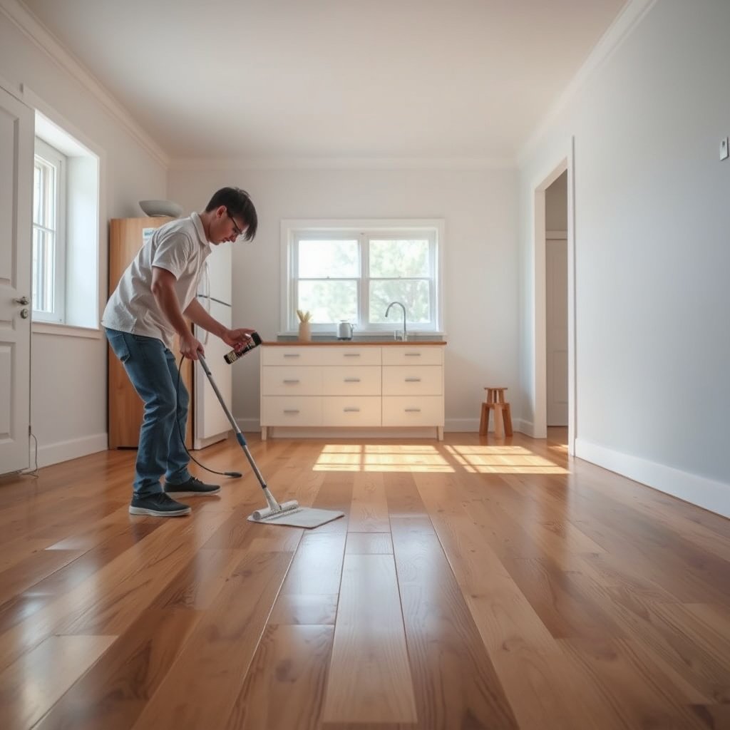 Person cleaning soda stains from hardwood floor, checking surface for damage.