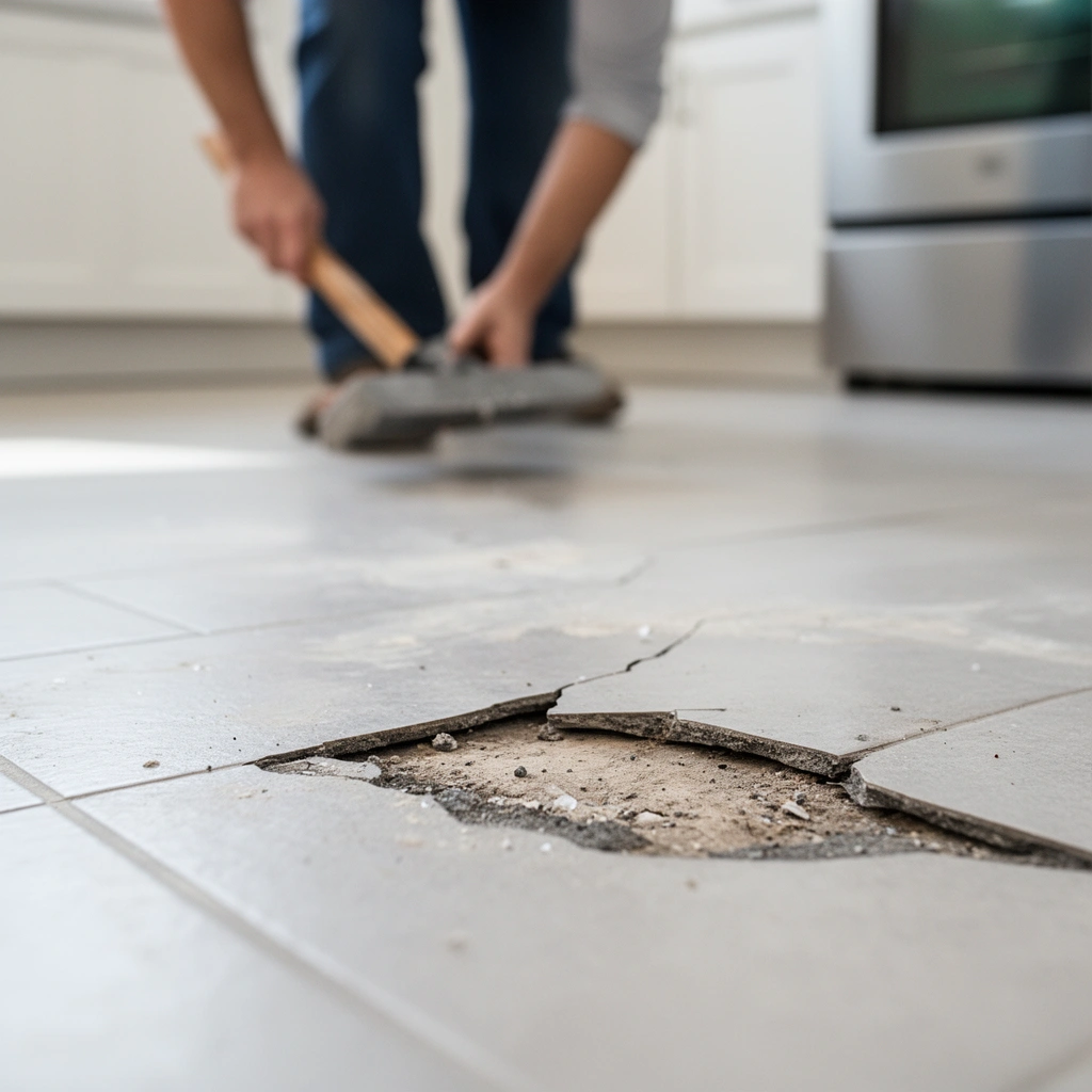Image showing how to diagnose moisture, subfloor, or installation issues in kitchen floors.