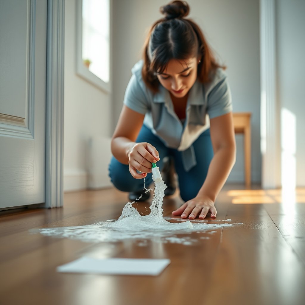Image showing quick first steps to clean fresh soap scum from hardwood floors