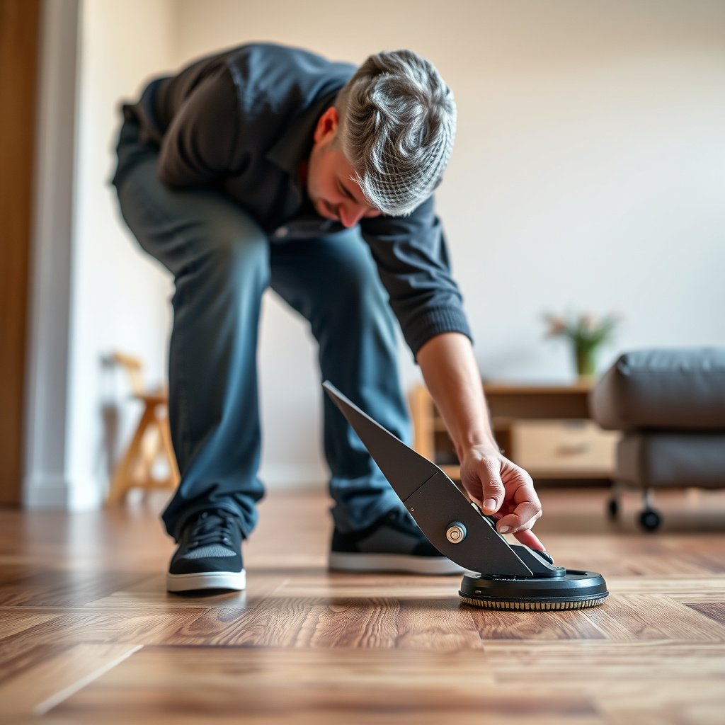 Image showing the process of re-gluing minor lifting boards on parquet floors to fix issues.