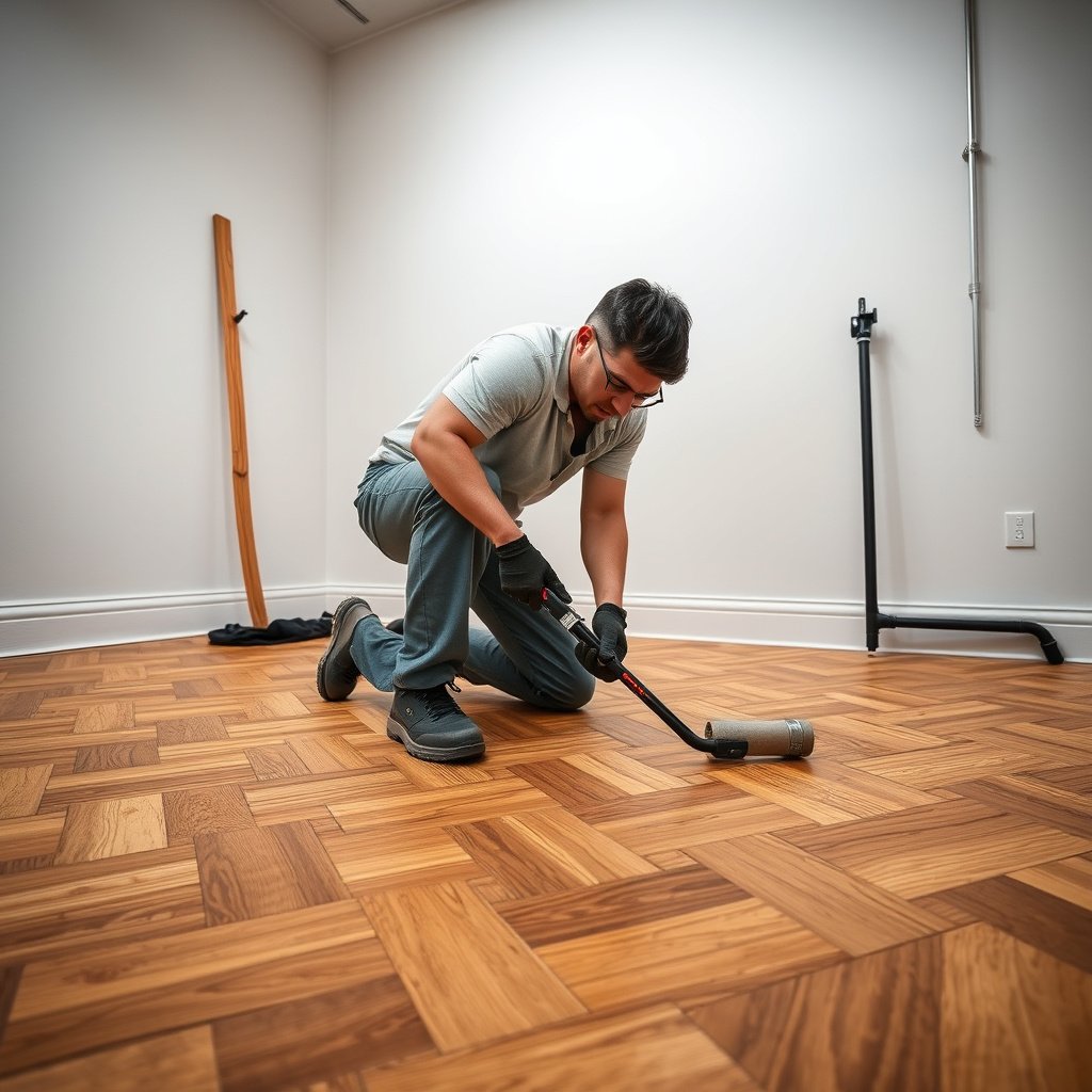 Image showing techniques to reduce friction between herringbone floor planks for squeak prevention.