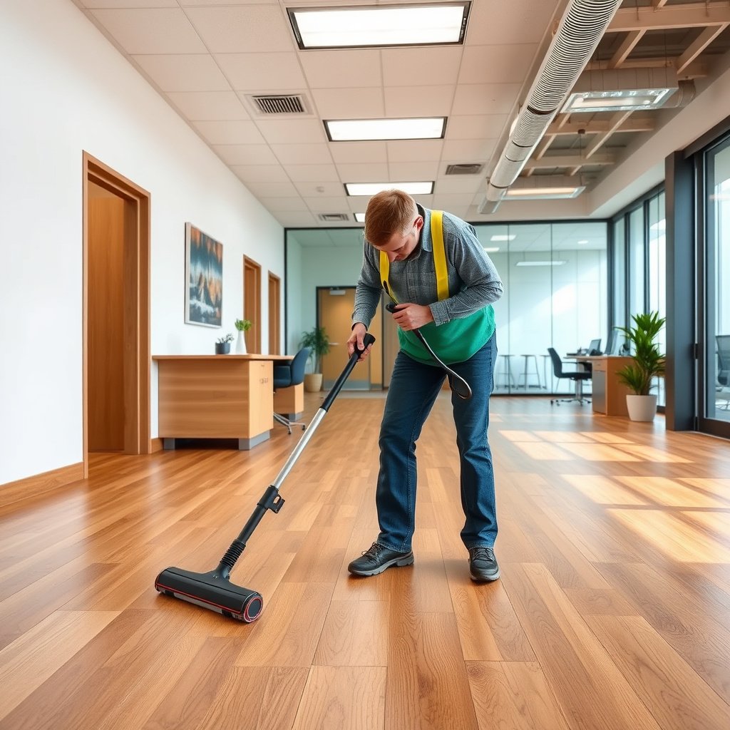 Image showing strategies to reduce slip and trip hazards on hardwood floors in a commercial office environment.