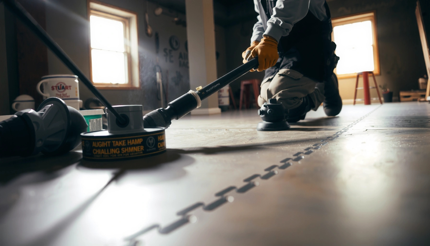 Step-by-step guide on refinishing basement floors with tools and materials displayed.