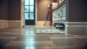 Step-by-step process of refinishing bathroom floors with tools and materials displayed.