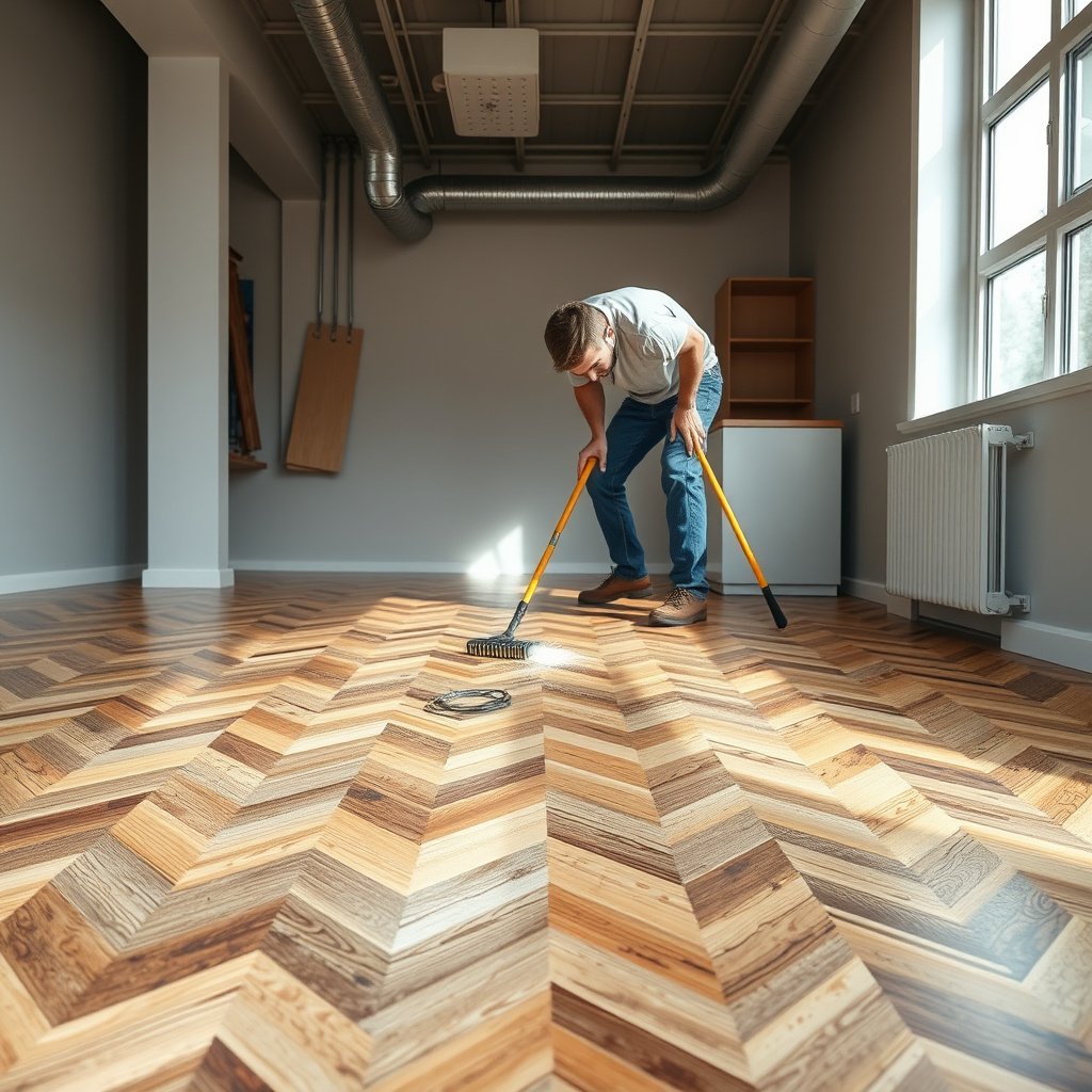 A professional refinishing chevron floor to restore its pattern and fix damage.