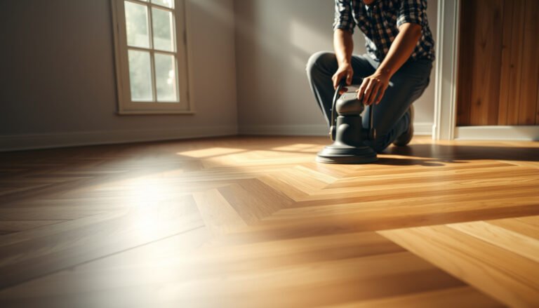 Step-by-step process of refinishing chevron floors with tools and techniques.