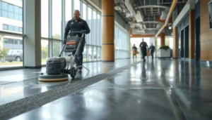 A worker refinishing commercial floors without disrupting business operations, showcasing efficient techniques.