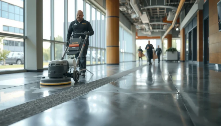 A worker refinishing commercial floors without disrupting business operations, showcasing efficient techniques.