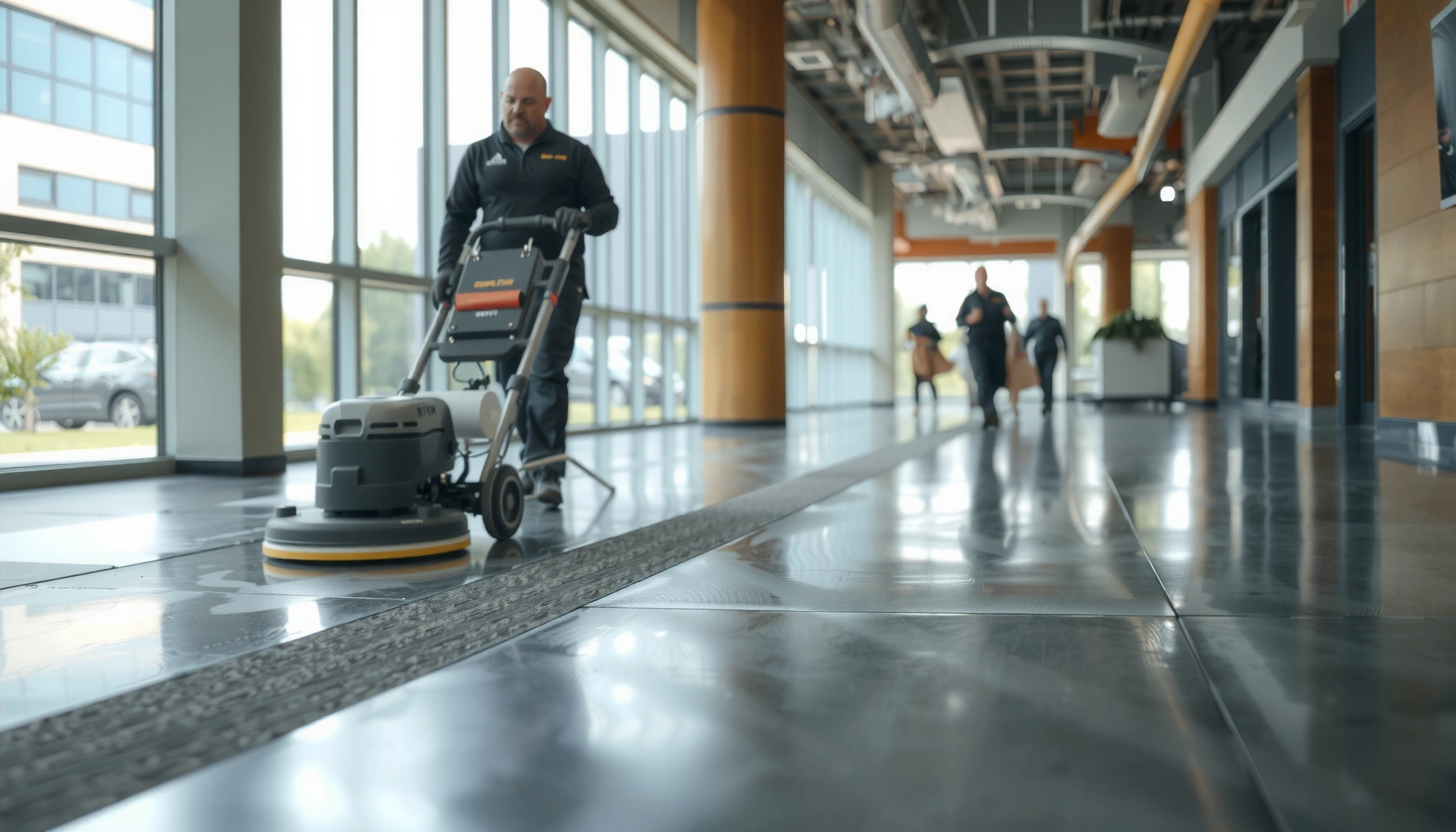 A worker refinishing commercial floors without disrupting business operations, showcasing efficient techniques.