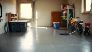 Step-by-step process of refinishing garage floors with tools and materials.