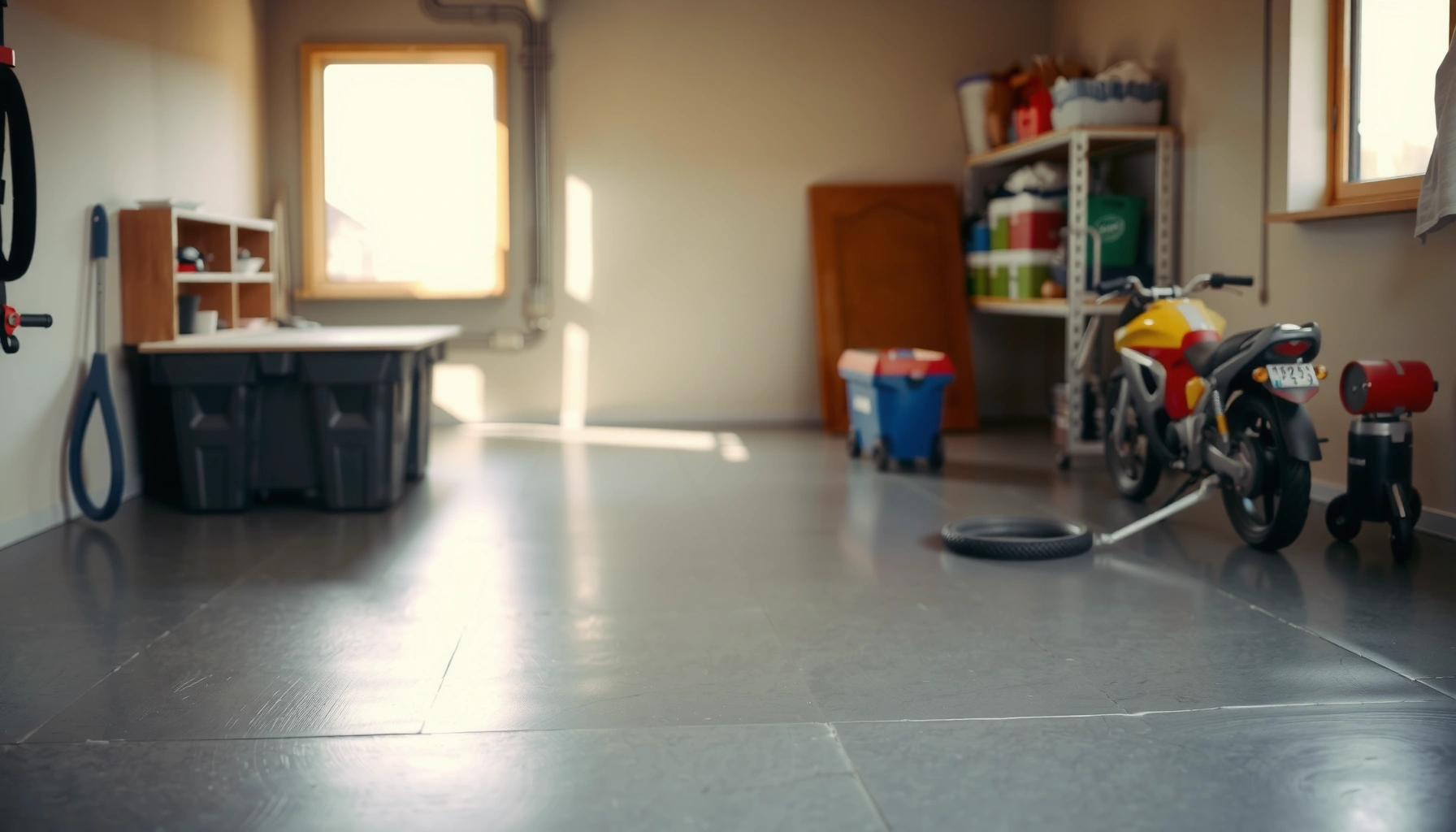 Step-by-step process of refinishing garage floors with tools and materials.