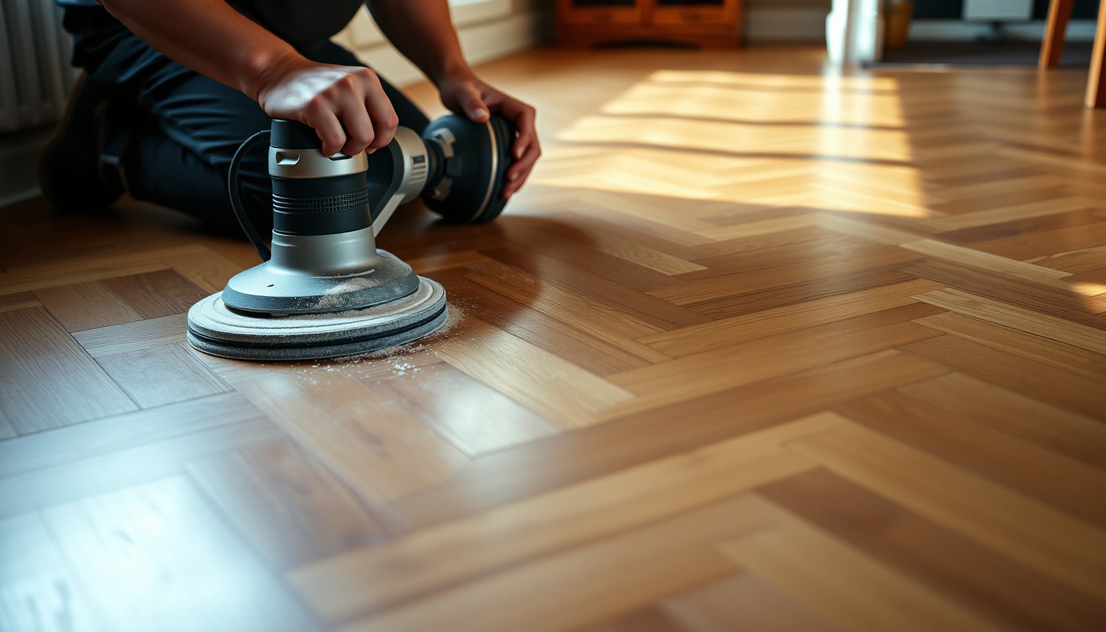 Step-by-step process of refinishing herringbone floors for a beautiful finish.