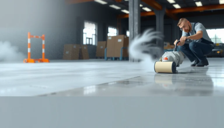 Step-by-step guide for refinishing industrial floors with tools and materials.