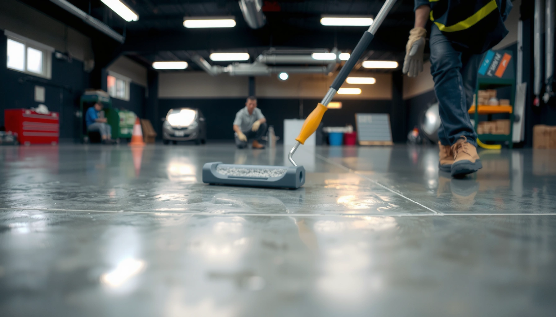 Step-by-step process for refinishing polyaspartic floors with tools and materials.