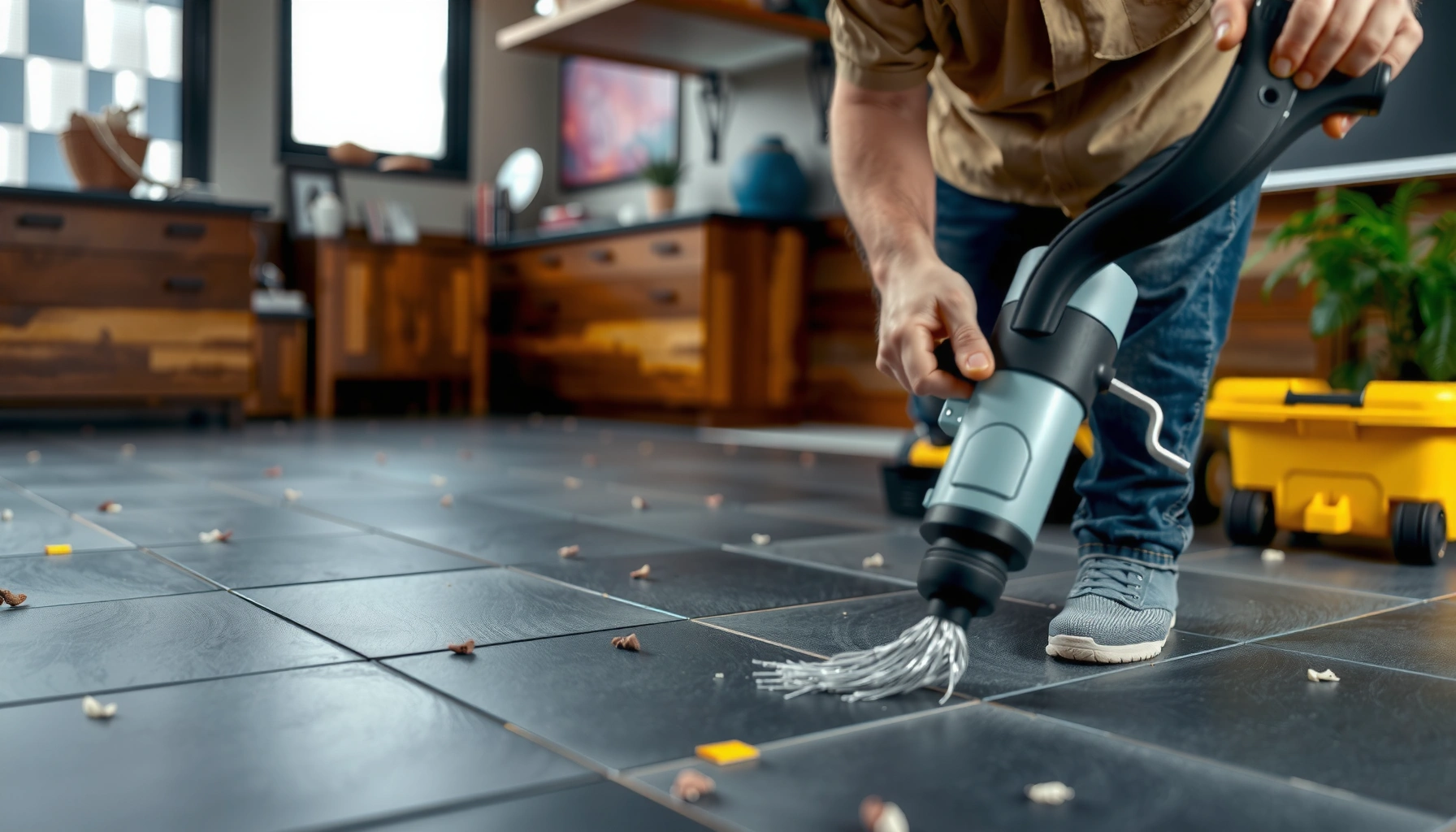 Step-by-step process for refinishing slate floors, showcasing tools and techniques.