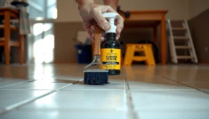 Step-by-step process for refinishing tile floors, showcasing tools and techniques used.