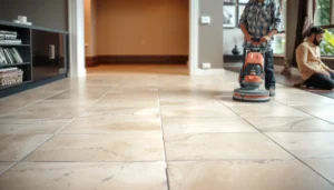 Step-by-step process of refinishing travertine floors with tools and materials