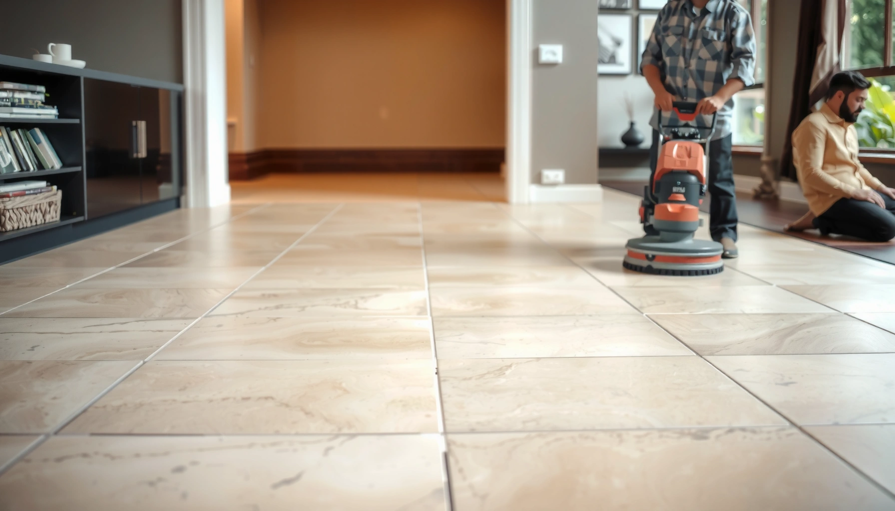 Step-by-step process of refinishing travertine floors with tools and materials