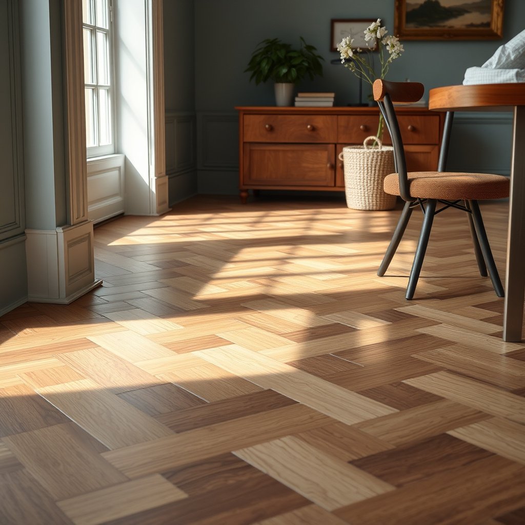 A person cleaning herringbone floors to remove grit from the seams for better maintenance.