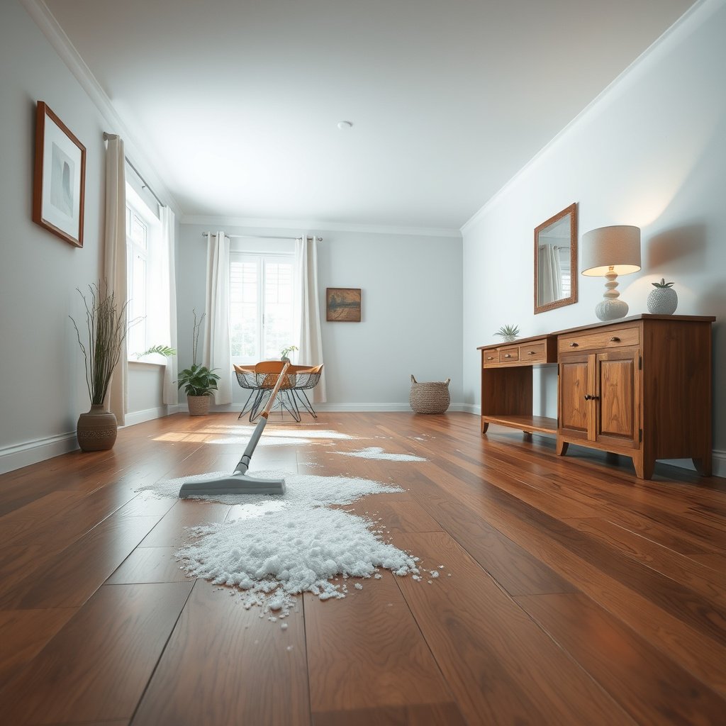 A person demonstrating safe methods to remove salt residue from hardwood floors without spreading it.