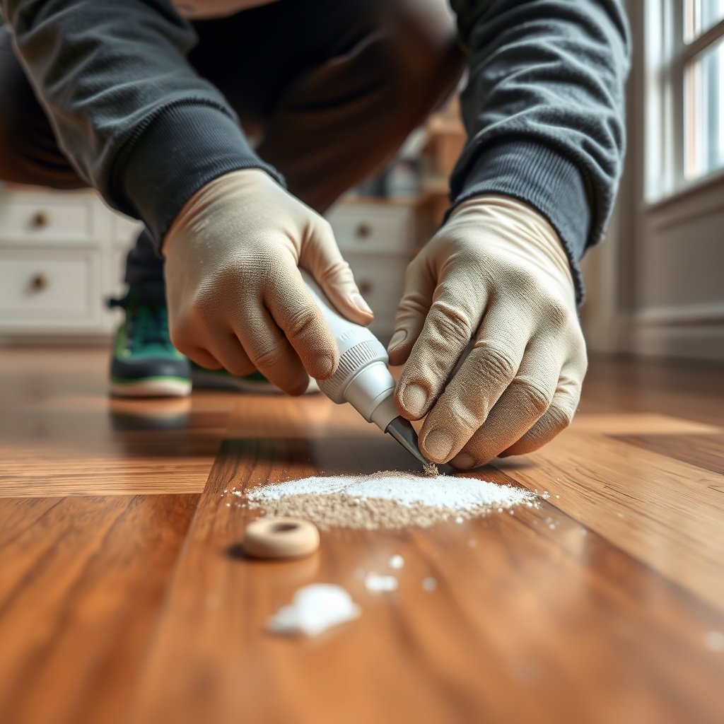 Using chemical solvents to remove adhesive from parquet floors safely.