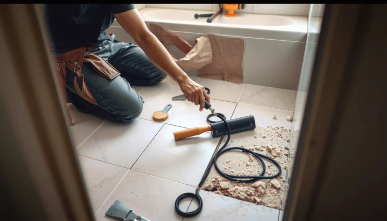 Step-by-step guide on how to remove bathroom floors with tools and techniques shown in the image.