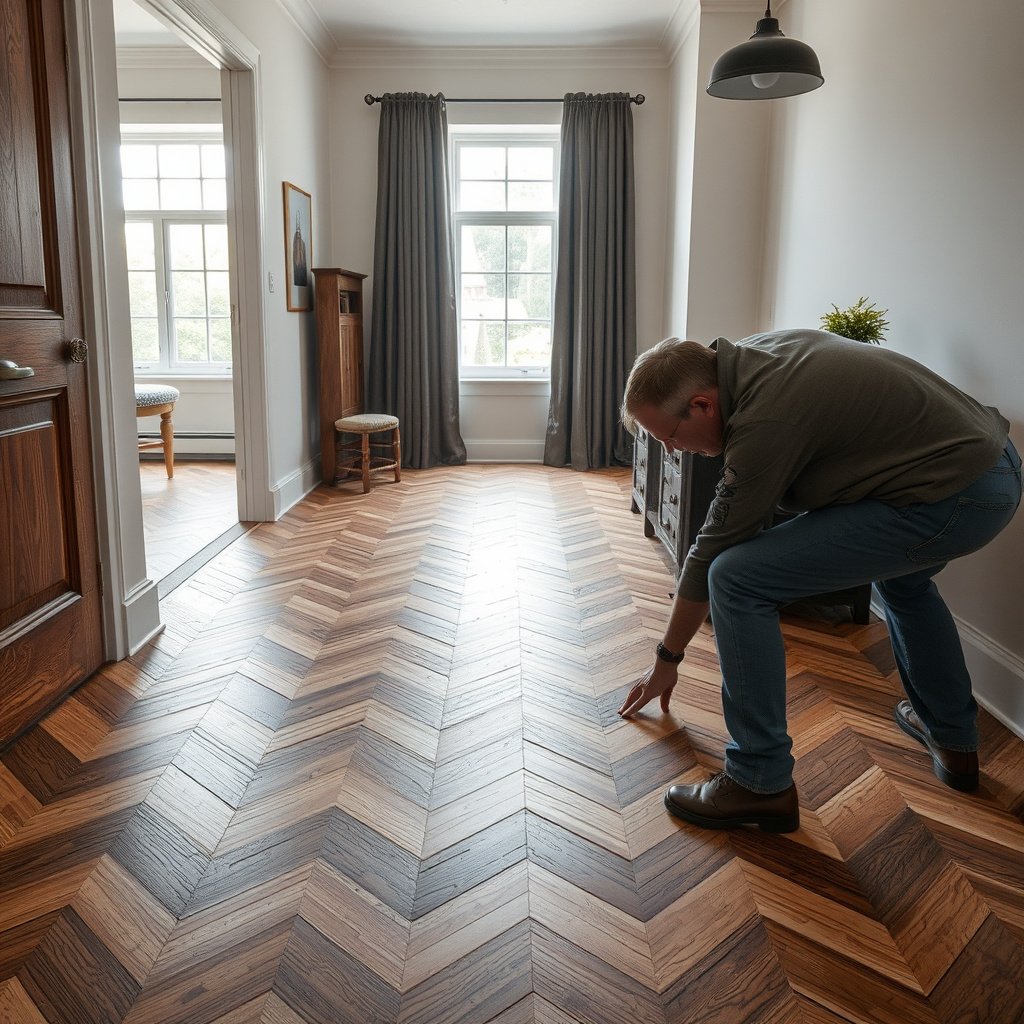 A person safely removing a damaged section of chevron flooring during a repair process.