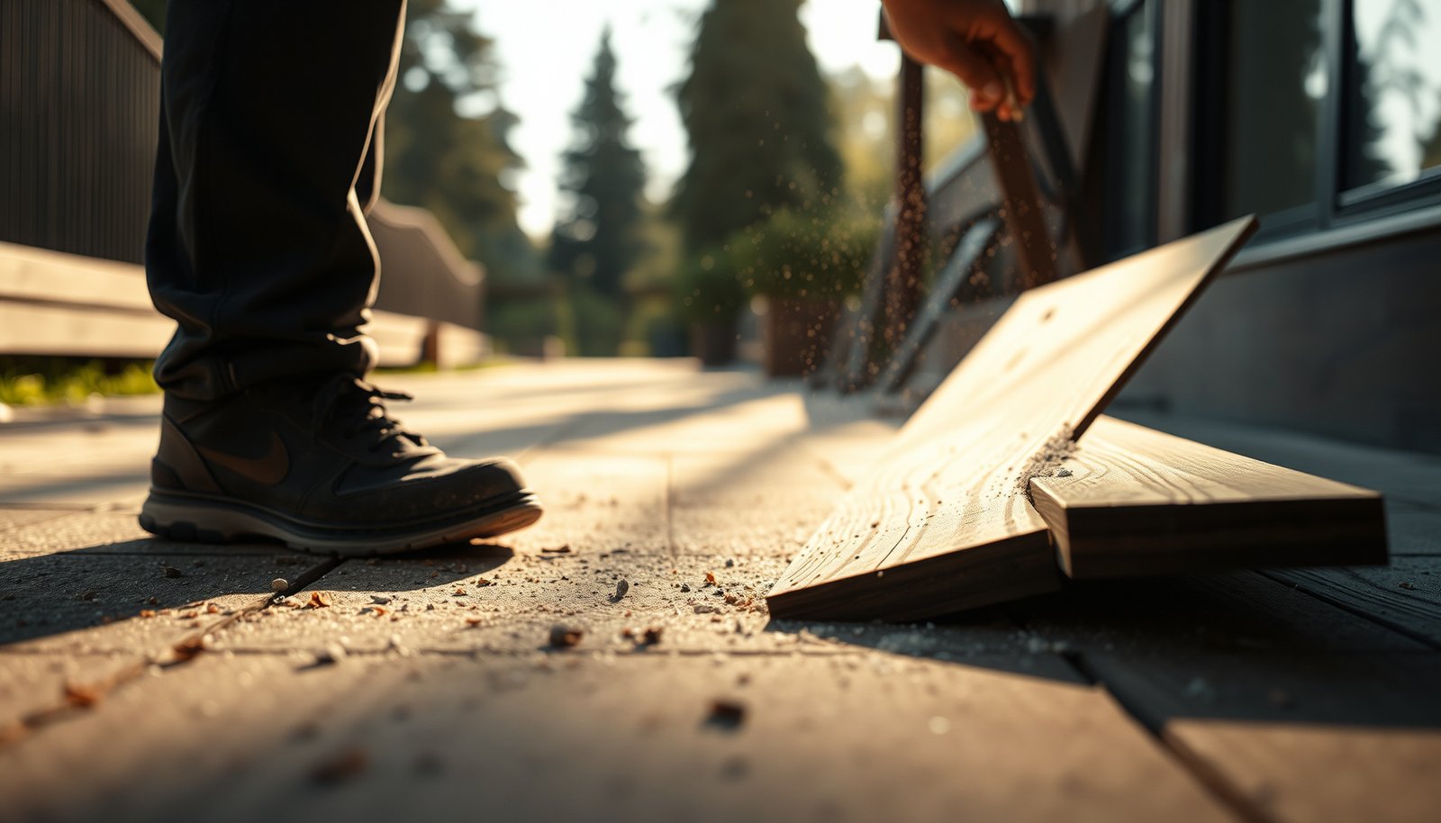 Step-by-step guide on removing engineered wood floors from an outdoor walkway.