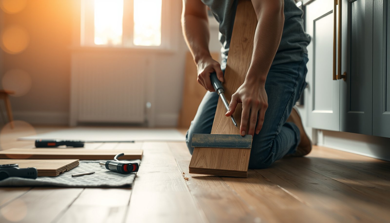 Step-by-step guide on how to remove engineered wood floors from a kitchen.