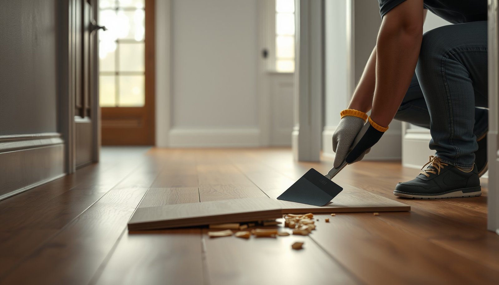 Step-by-step guide on safely removing engineered wood floors from an entryway.