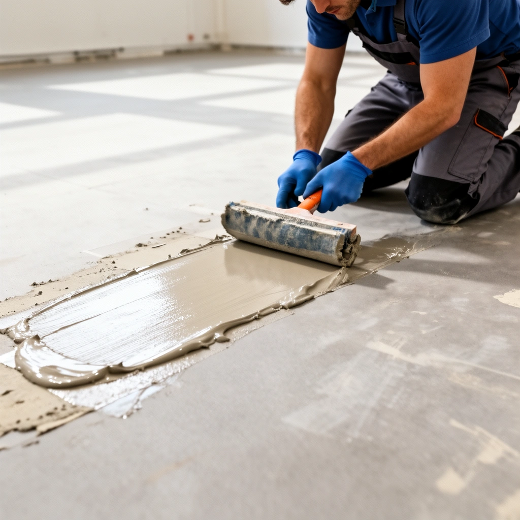 A person scraping adhesive from a concrete surface during commercial floor removal.
