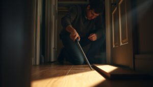 Step-by-step guide on removing hardwood floors from a closet with tools and process shown.