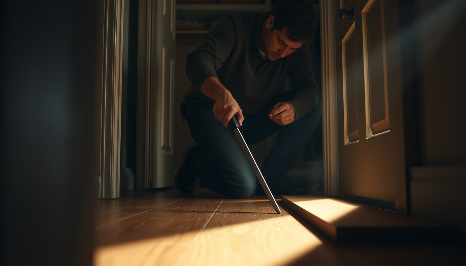 Step-by-step guide on removing hardwood floors from a closet with tools and process shown.