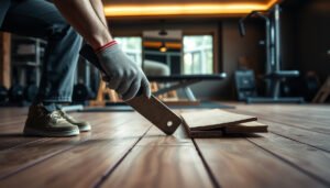 A person demonstrating how to remove hardwood floors from a home gym, showcasing tools and techniques.