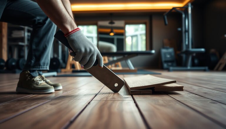 A person demonstrating how to remove hardwood floors from a home gym, showcasing tools and techniques.