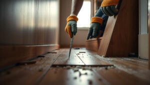 Step-by-step guide on removing hardwood floors from a staircase, showcasing tools and techniques.