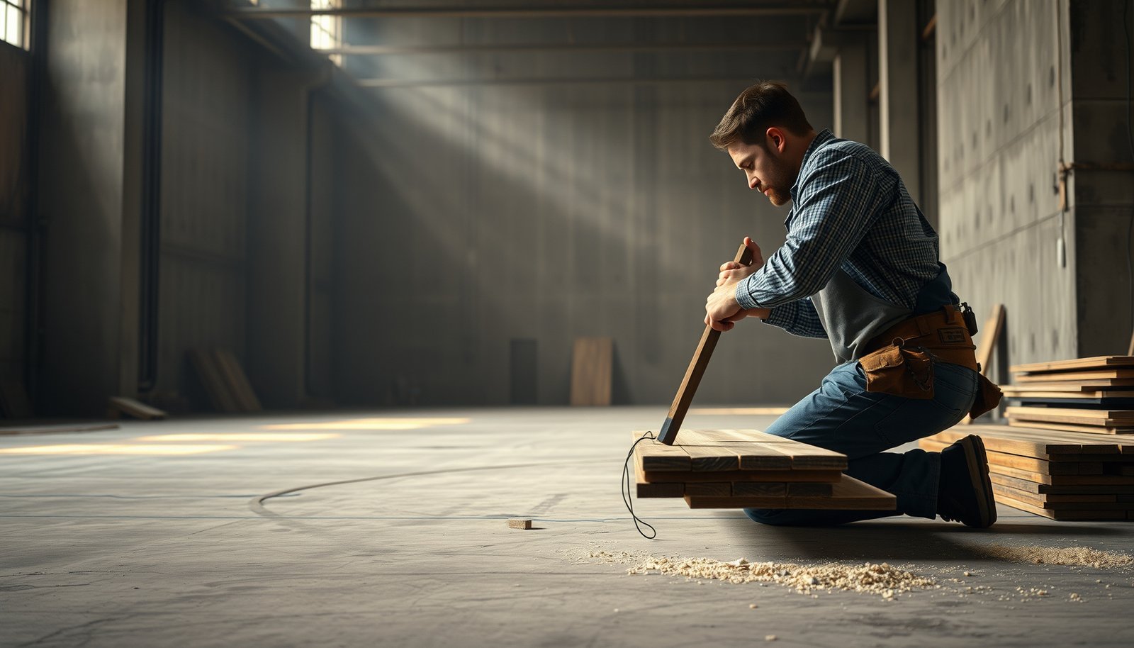 Step-by-step process for removing hardwood floors from a warehouse with tools and techniques.