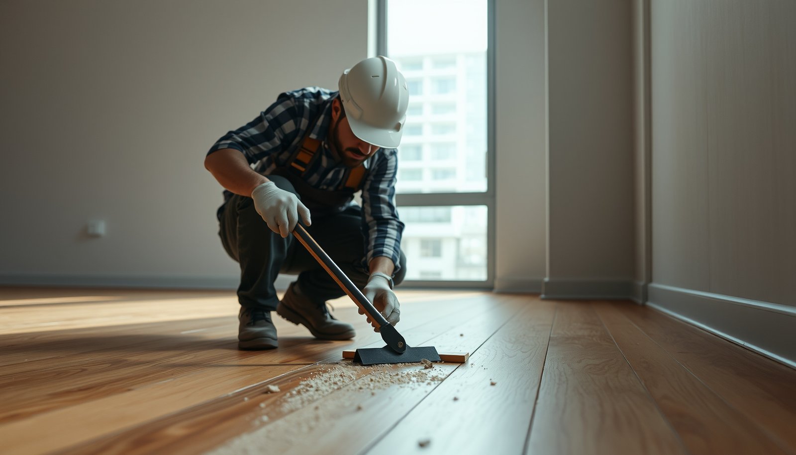 A professional demonstrating how to remove hardwood floors from a commercial office space.