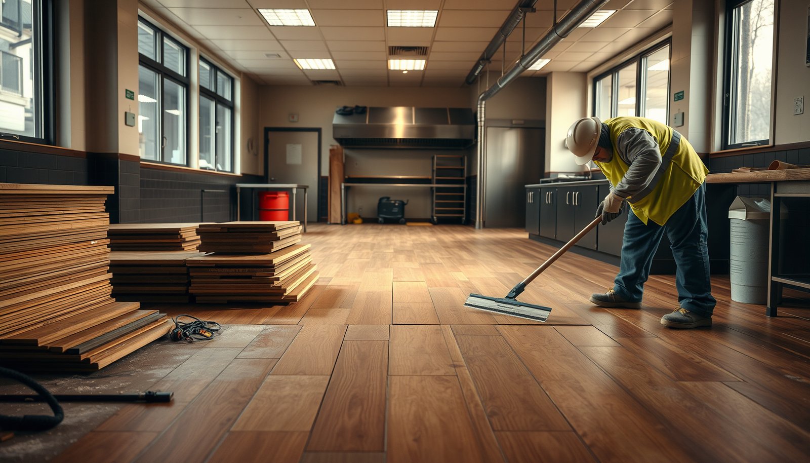 A worker demonstrating how to safely remove hardwood floors from a restaurant.