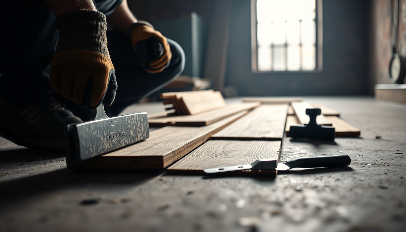 Step-by-step guide on removing hardwood floors from a workshop with tools and techniques.
