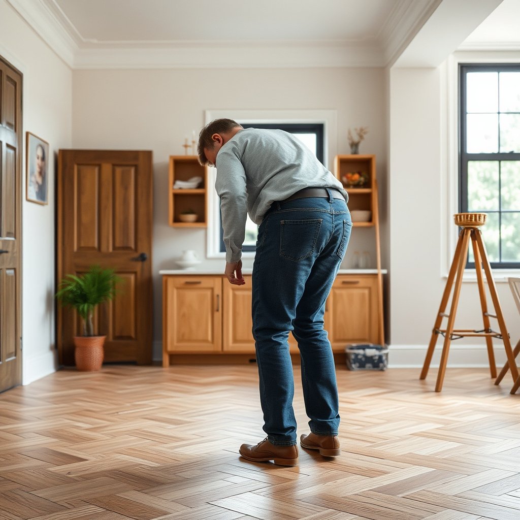 A person removing existing herringbone flooring in preparation for replacement.