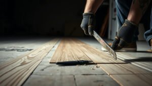 A step-by-step guide on how to remove laminate floors from a garage, showcasing tools and techniques.