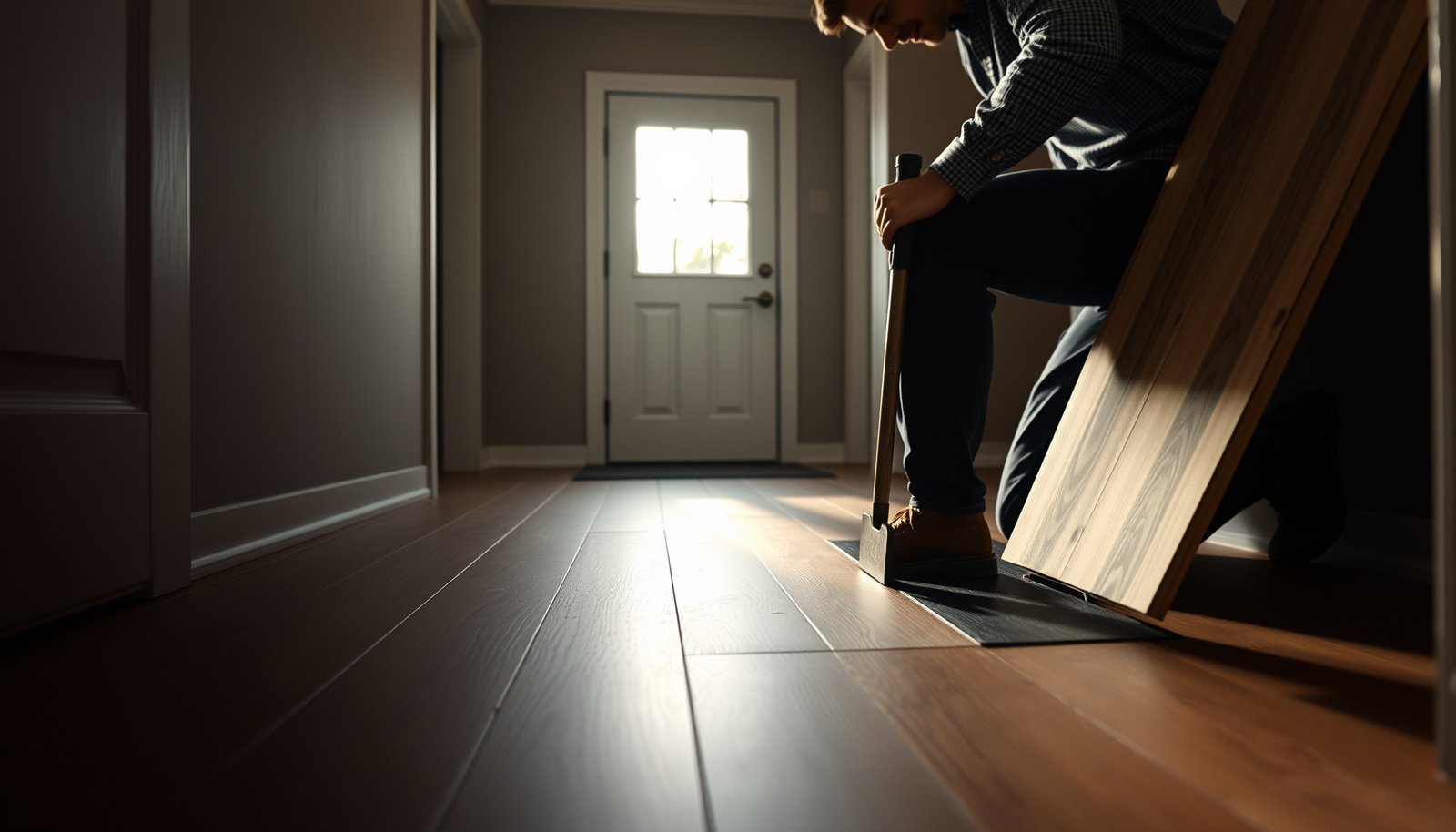 Step-by-step guide on removing laminate floors from a mudroom, showing tools and process.