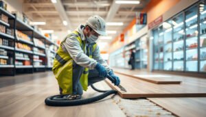 Step-by-step guide on how to remove laminate floors from a retail store safely and efficiently.